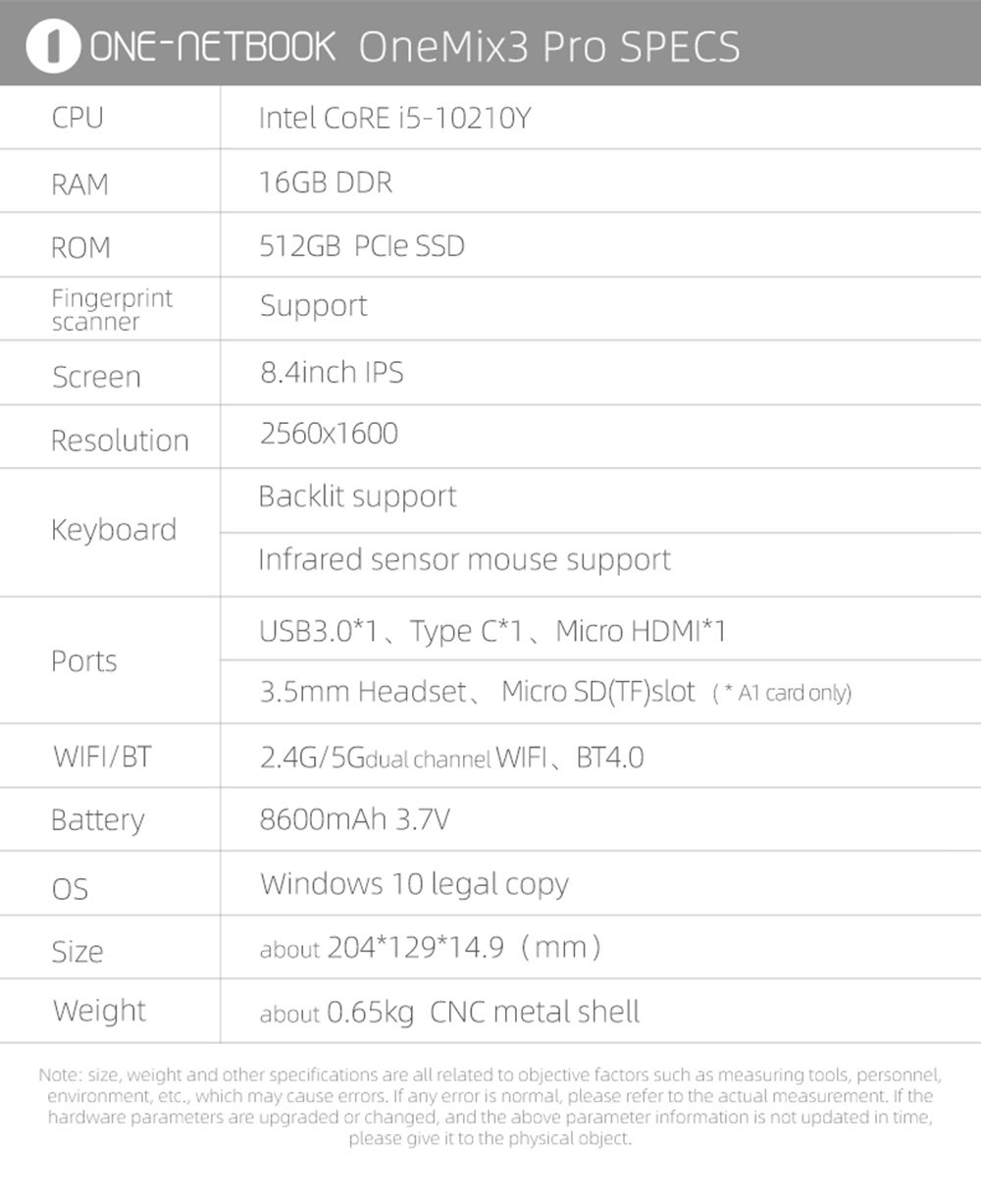 ONE Netbook ONE MIX 3 PRO Laptop 8.4" English Keyboard Intel Comet Lake i5-10210Y Windows 10 16GB RAM 512GB PCIe SSD - Black