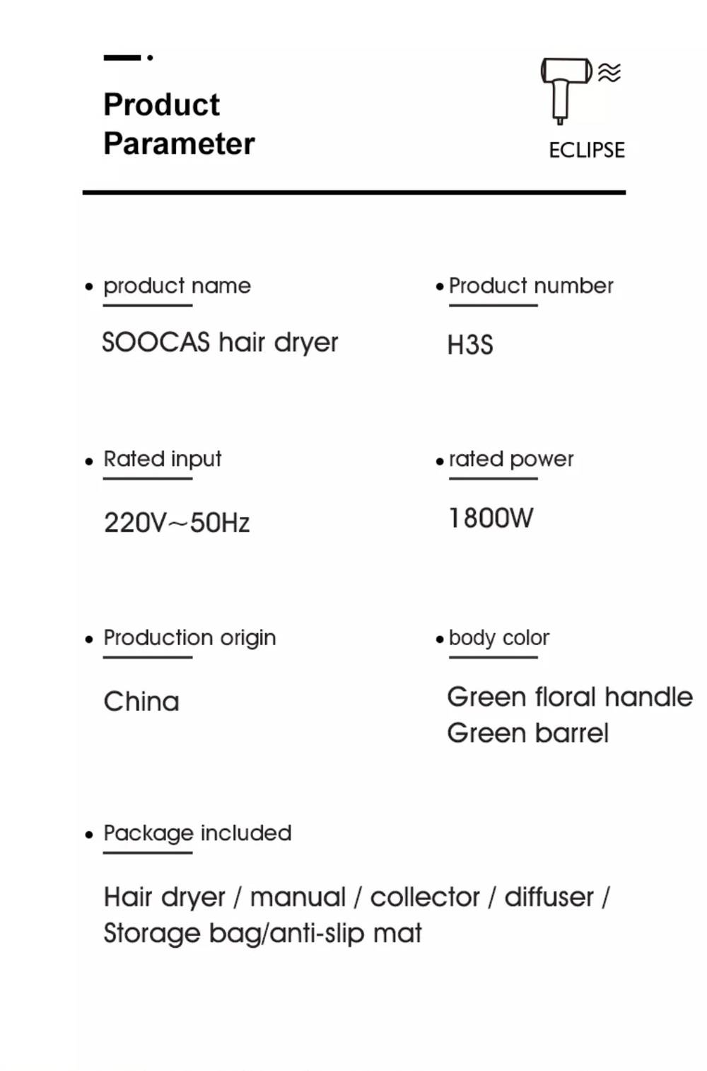 SOOCAS H3S 1800W Electric Negative Ion Hair Dryer From Xiaomi Youpin - Green