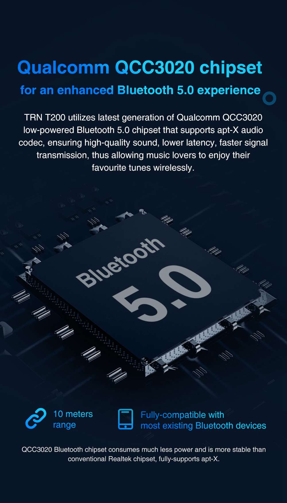 TRN T200 CVC 8.0 Earphones Qualcomm QCC3020 Volume Control aptX /AAC/ SBC Siri IPX5 7 Hours Playtime - Black