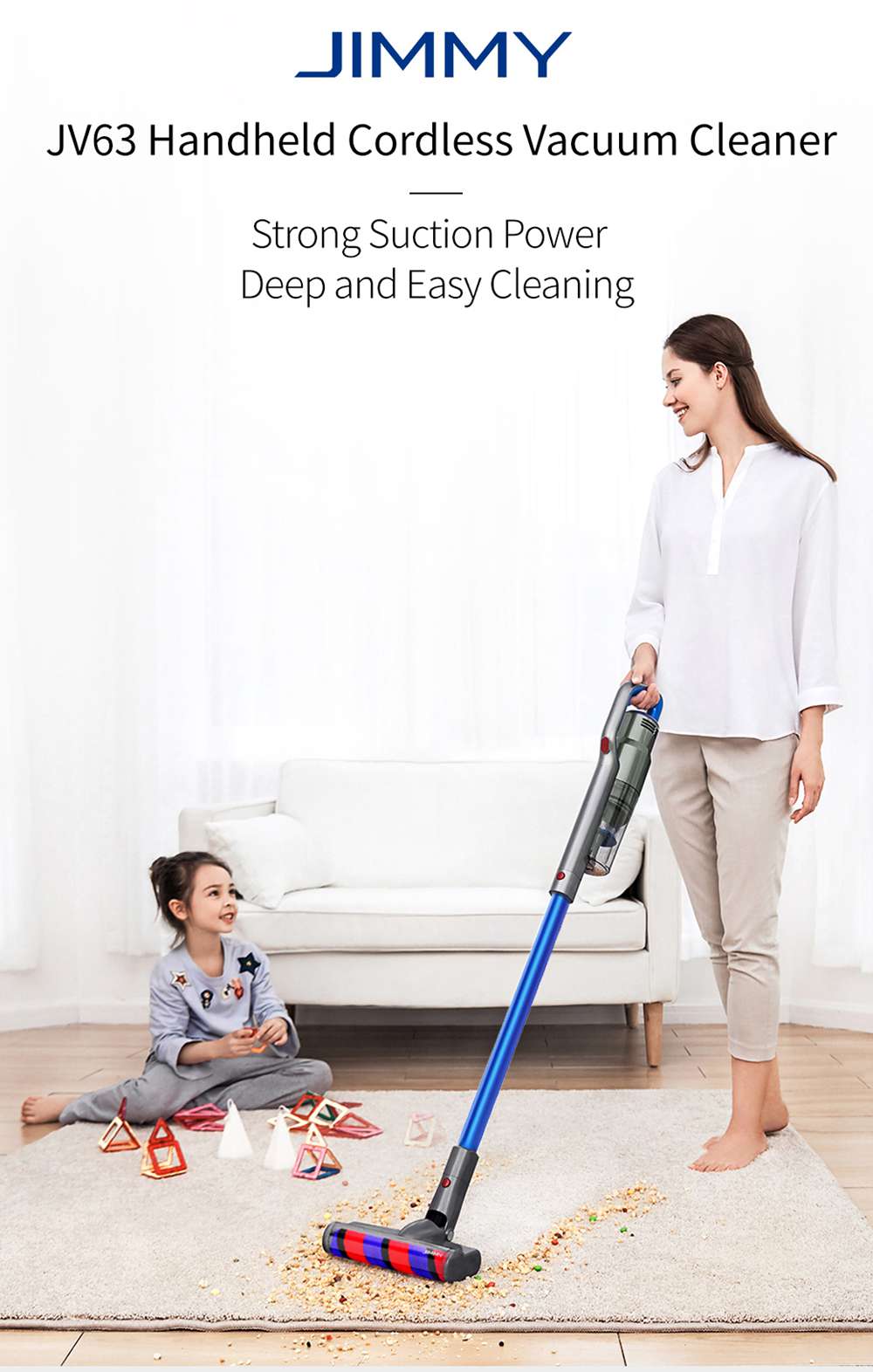 JIMMY JV63 Handheld Cordless Stick Vacuum Cleaner 130AW Suction Anti-winding Hair Mite 60 Min Runtime - Blue