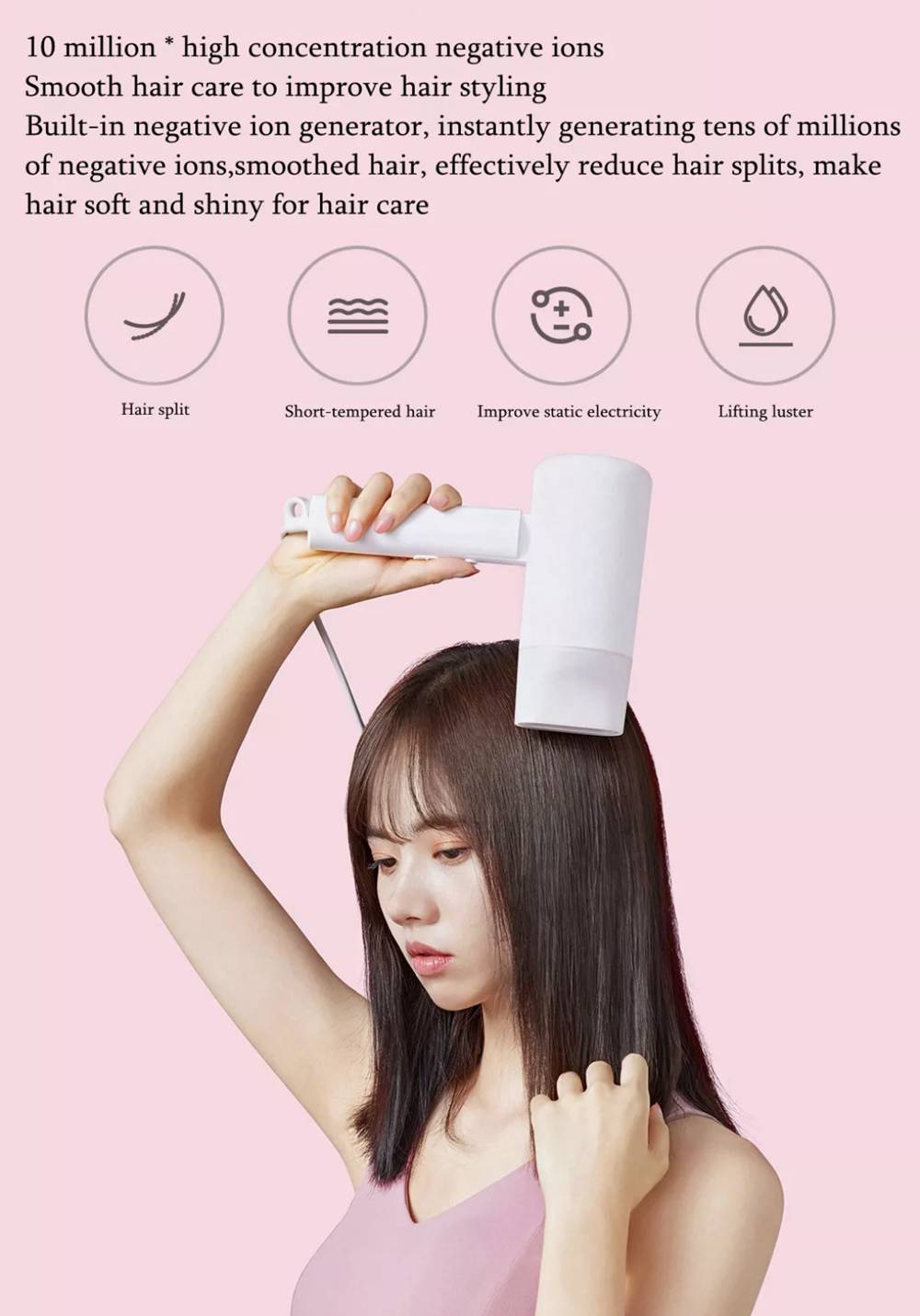 Xiaomi Mijia 1600W Negative Ion Hair Dryer Foldable Portable Noise Reducing For Travel Home - Pink