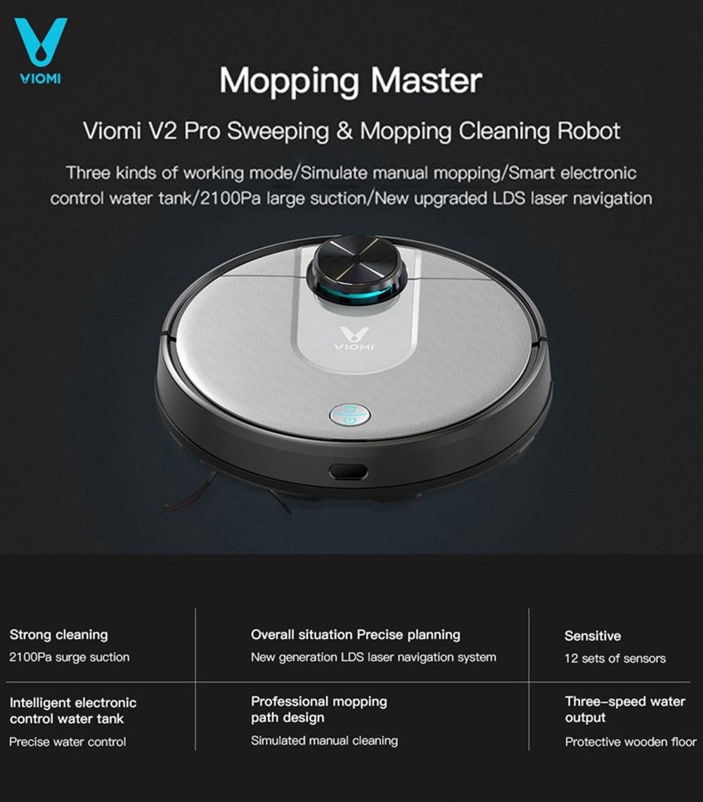 Xiaomi VIOMI V2 Pro Vacuum Cleaner 2100Pa LDS Laser Navigation EU Plug Without 550ml Water Tank - Gray