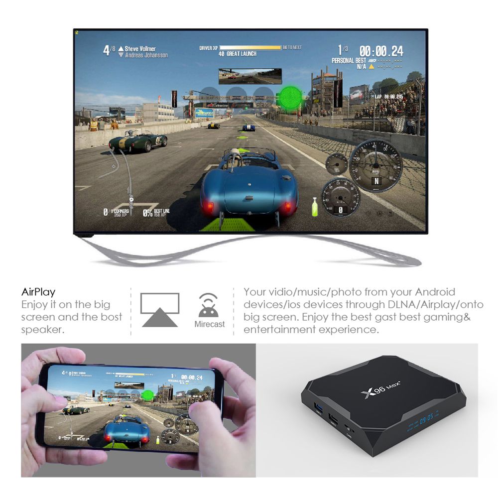 X96 MAX Plus Amlogic S905x3 Android 9.0 8K Video Decode TV Box 4GB/32GB 2.4G+5.8G WiFi Bluetooth 1000Mbps LAN USB3.0 Youtube Netflix Google Play - Black