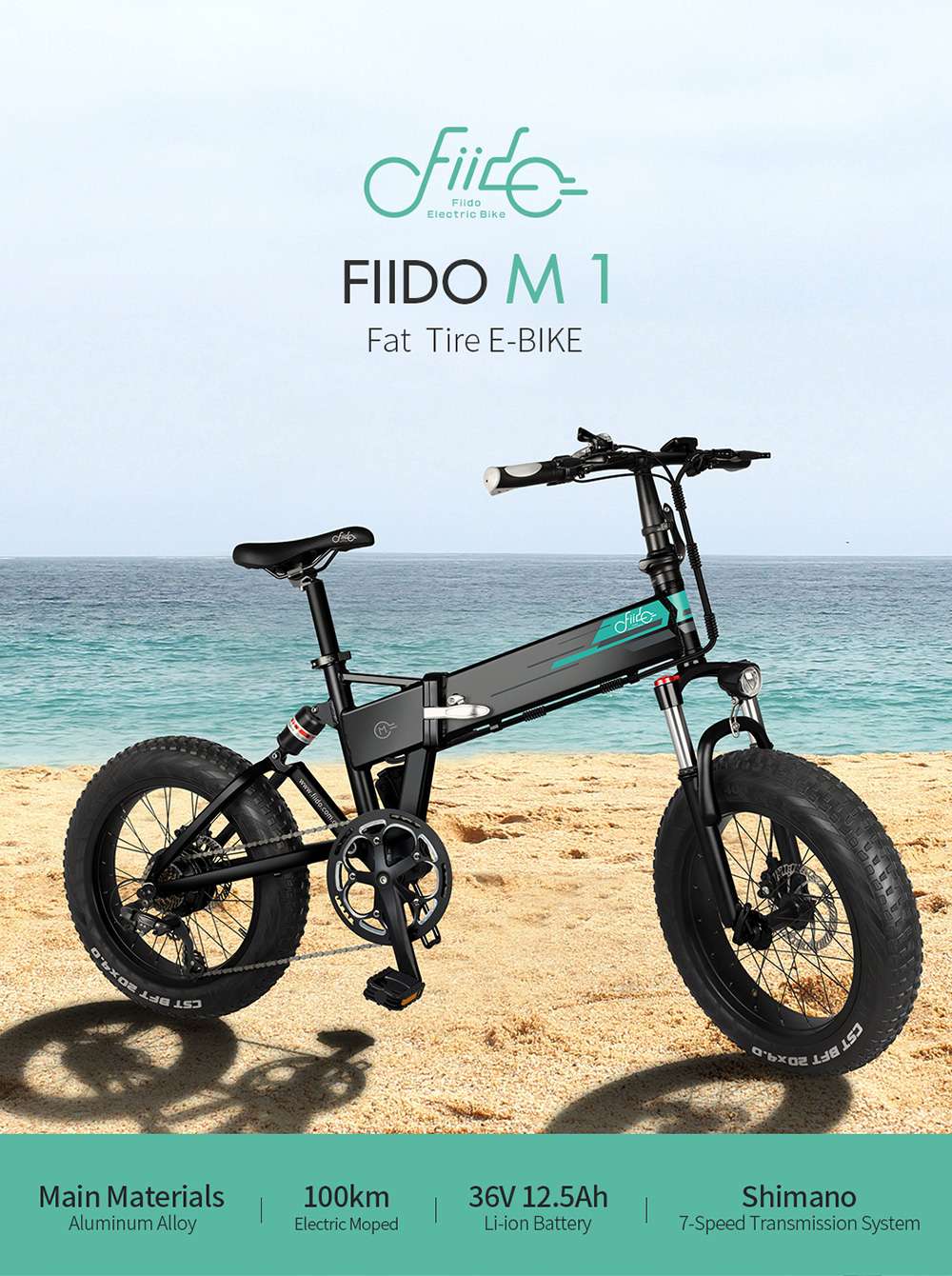 FIIDO M1 Folding Electric Mountain Bike 20" Wheels 4 Inch Fat Tires 250W Motor Shimano 7 Speed Derailleur 12.5Ah Lithium Battery Three Riding Modes Dual Disc Brake LCD Display - Black