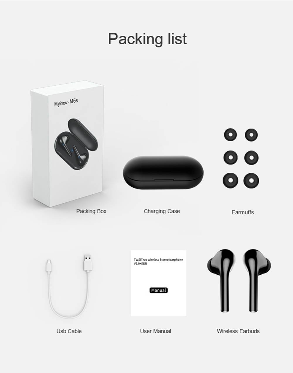 Myinnov MKJM6S Dual Bluetooth 5.0 Earbuds Touch Control About 8 Hours Working Time - Black