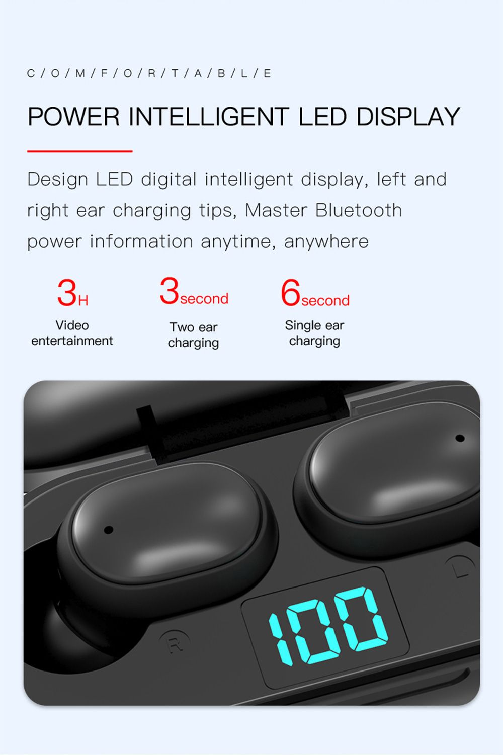 H6 True Wireless Bluetooth 5.0 Earphones Binaural Call Siri Power Display 220mAh Charging Box - Black