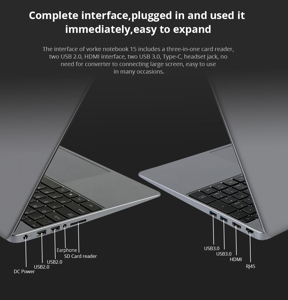 VORKE Notebook 15 PRO Laptop 15.6 Inch Screen Intel Core i7-8550U Quad Core 8GB DDR4 256GB SSD Windows 10.0 Home - Silver
