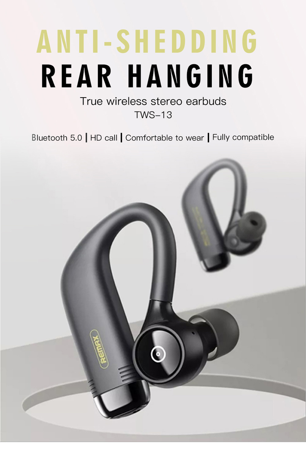 Remax TWS-13 Bluetooth 5.0 True Wireless Sports Earphones Binaural Call Independent Usage 15 Hours Playtime - Black