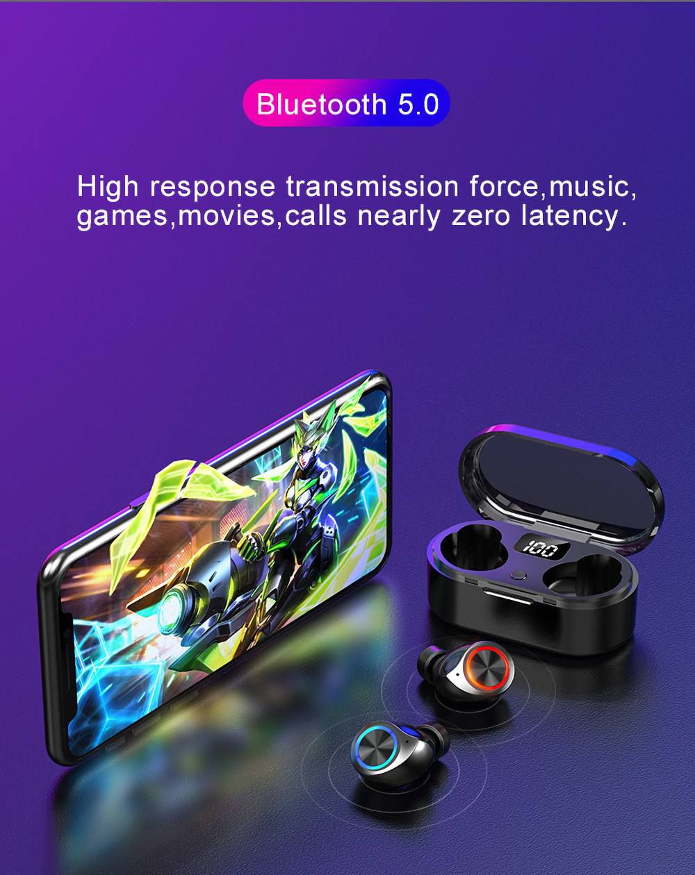 TW80 Bluetooth 5.0 True Wireless Earphones Siri LED Power Display 3.5 Hours Playtime - Black