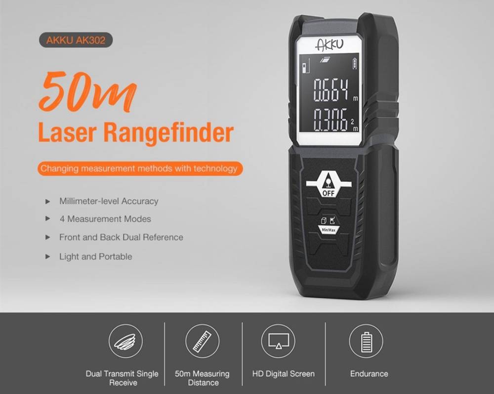 Xiaomi AKKU AK302 HD 50m Laser Rangefinder Measuring Tool 4 Measurement Mode 2000 Continuous Measurement - Grey
