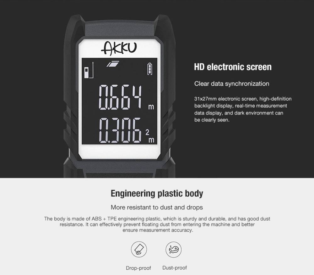 Xiaomi AKKU AK302 HD 50m Laser Rangefinder Measuring Tool 4 Measurement Mode 2000 Continuous Measurement - Grey