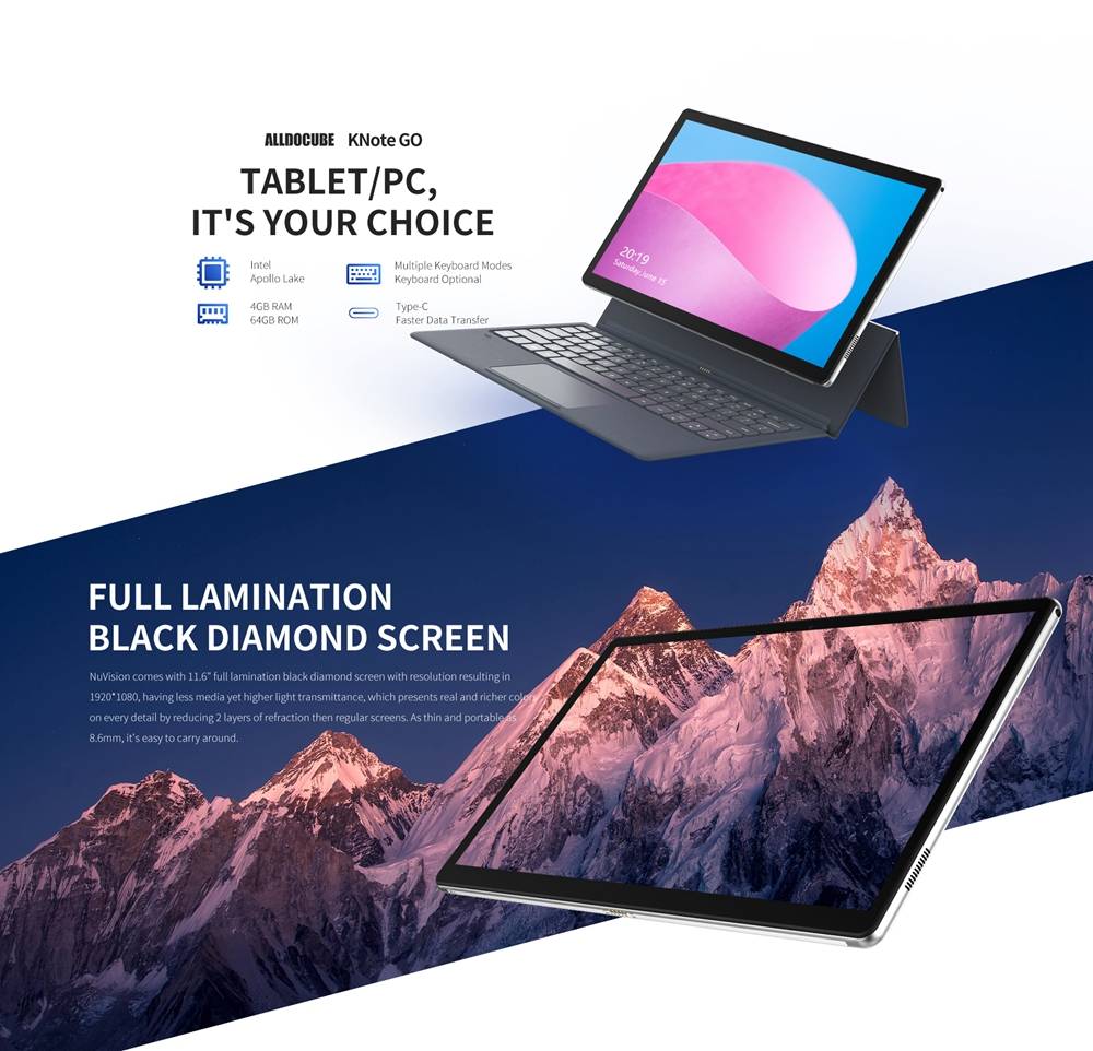 ALLDOCUBE KNote Go Tablet Laptop Intel ApolloLake N3350 Quad Core 11.6 Inch Capacitive Screen Dual Camera Windows 10 4GB RAM 64GB ROM - Grey