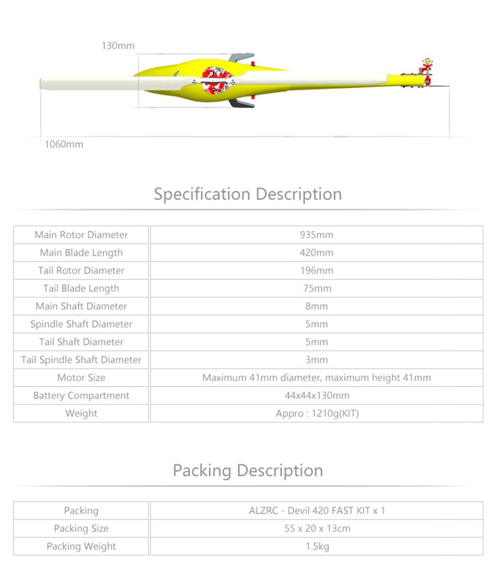 ALZRC Devil 420 FAST FBL 420mm Fiber Blades 3D Flying RC Helicopter Kit - Red