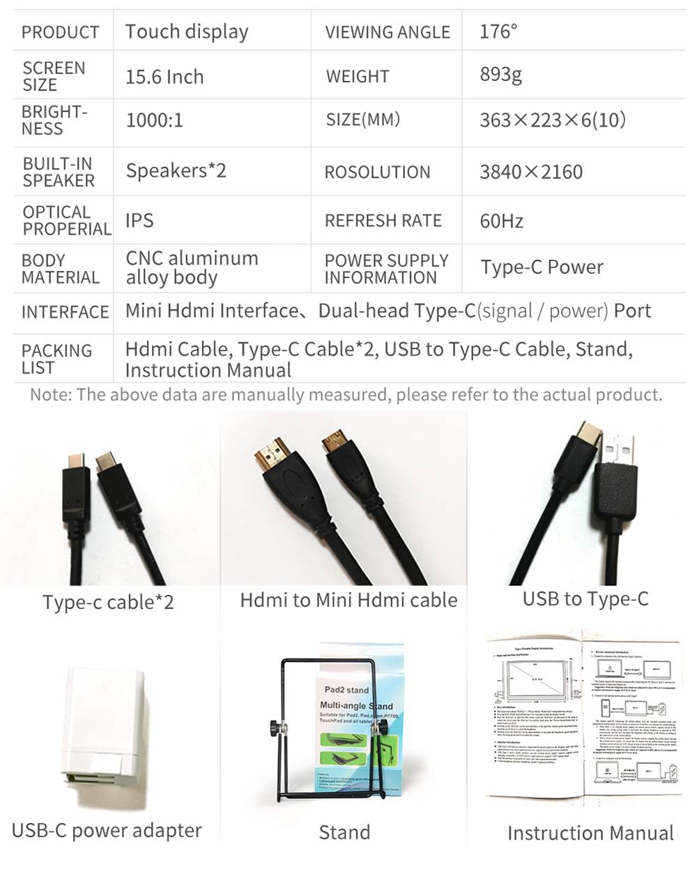 AOSIMAN ASM-156FC Portable Monitor 15.6 Inch IPS HDR Touch Screen 3840*2160 Resolution Full Metal Body Type-C+Mini HDMI Dual Port - Black