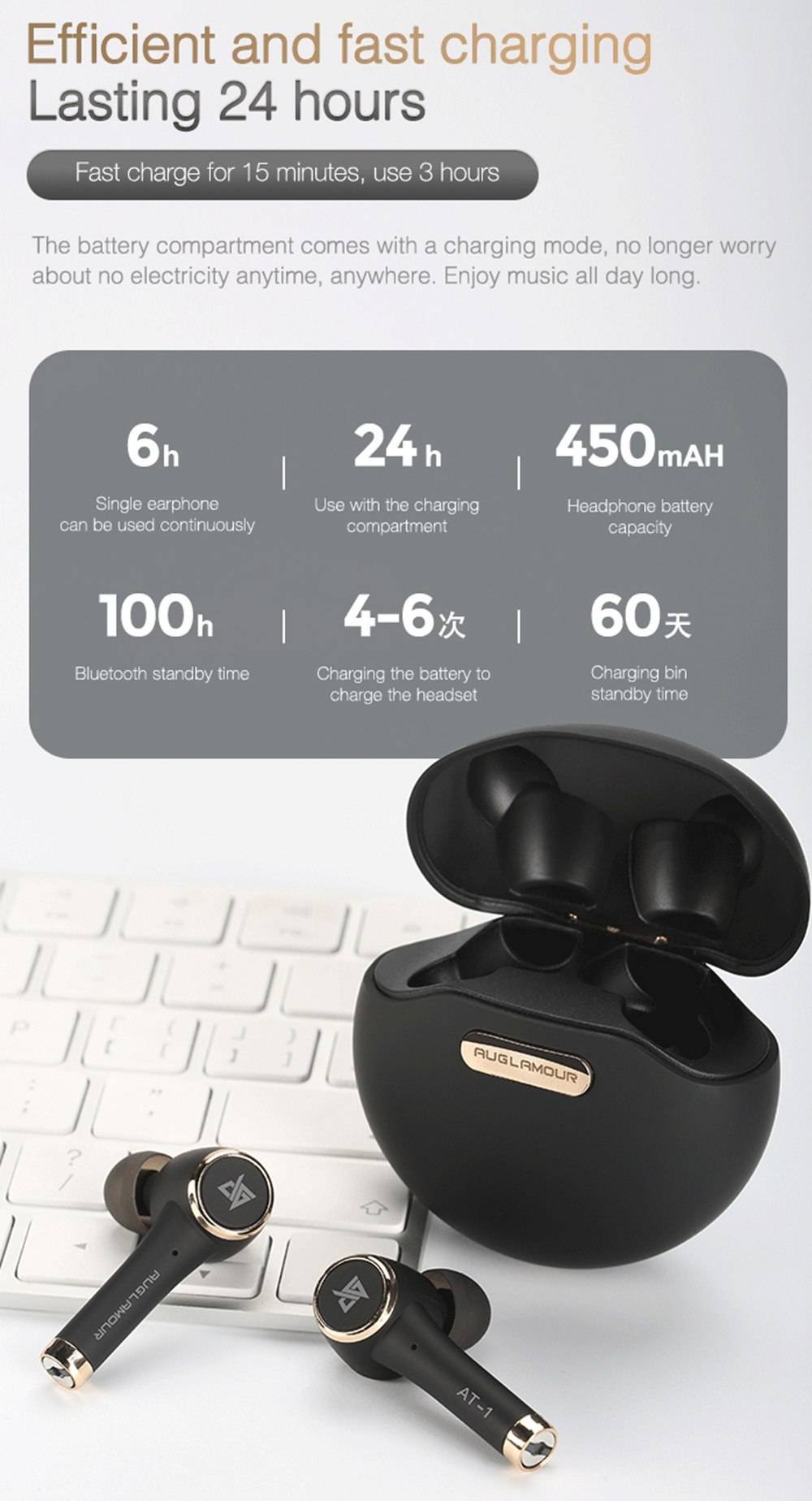 Auglamour AT-1 Bluetooth 5.0 TWS Earphone Independent Usage Binaural Call 24 Standby Time IPX5 - Black