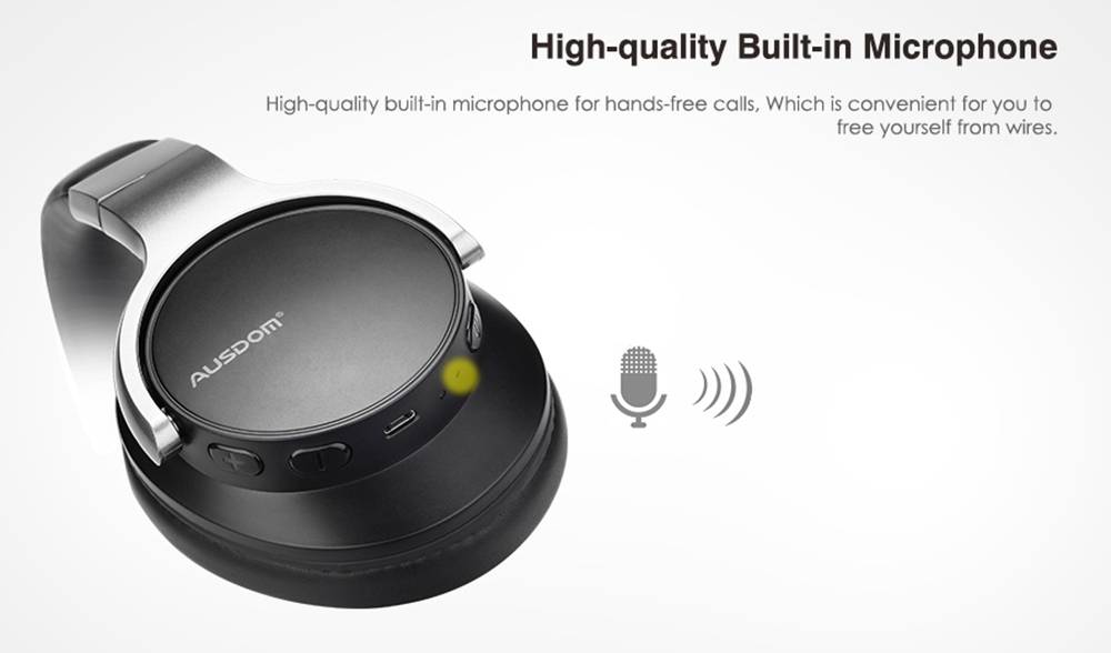 AUSDOM ANC8 3.5mm Bluetooth Headset Active Noise Cancelling HiFi Bass Stereo with Mic 20 Hours Playtime - Black