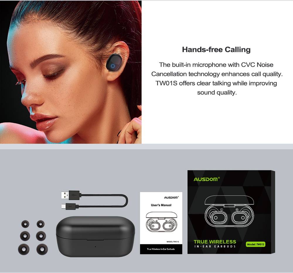 AUSDOM TW01S Bluetooth 5.0 True Wireless Earphones Binaural call Independent Usage 4 Hours Playtime - Black
