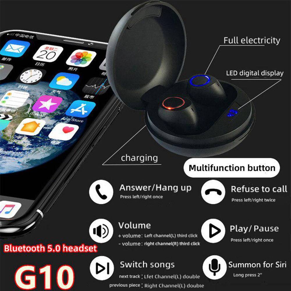 G10 Bluetooth 5.0 True Wireless In-ear Earbuds IPX6 HiFi Sound HD Binaural Call LED Battery Display - Black