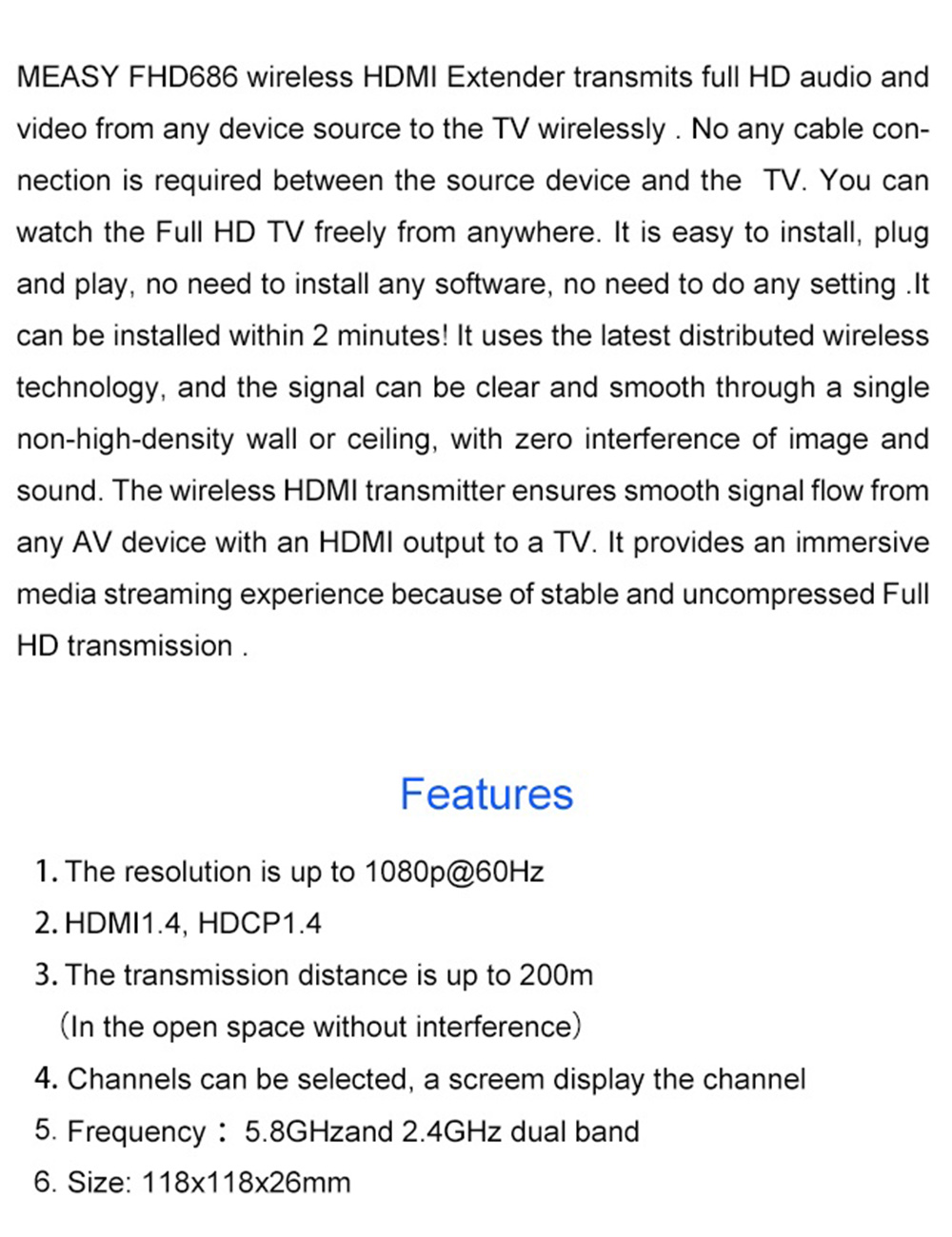 Measy FHD686 Wireless HDMI Extender 1080P HD 5.8G 200M AV TV HD Audio Video Sender Transmitter Receiver EU Plug - Black