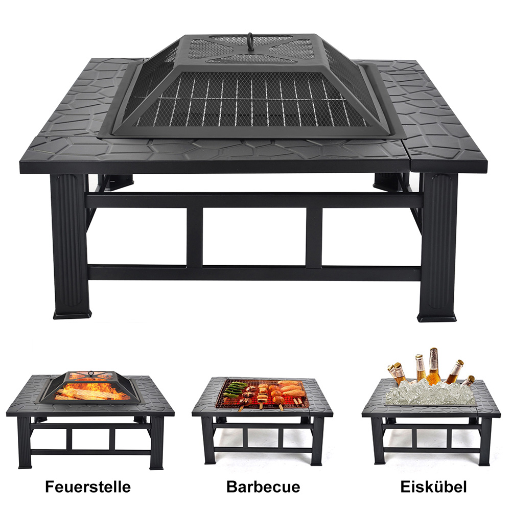 Merax BBQ Fire Pit Quadrilateral Multifunctional With Spark Protection Garden Metal Fire Basket - Black