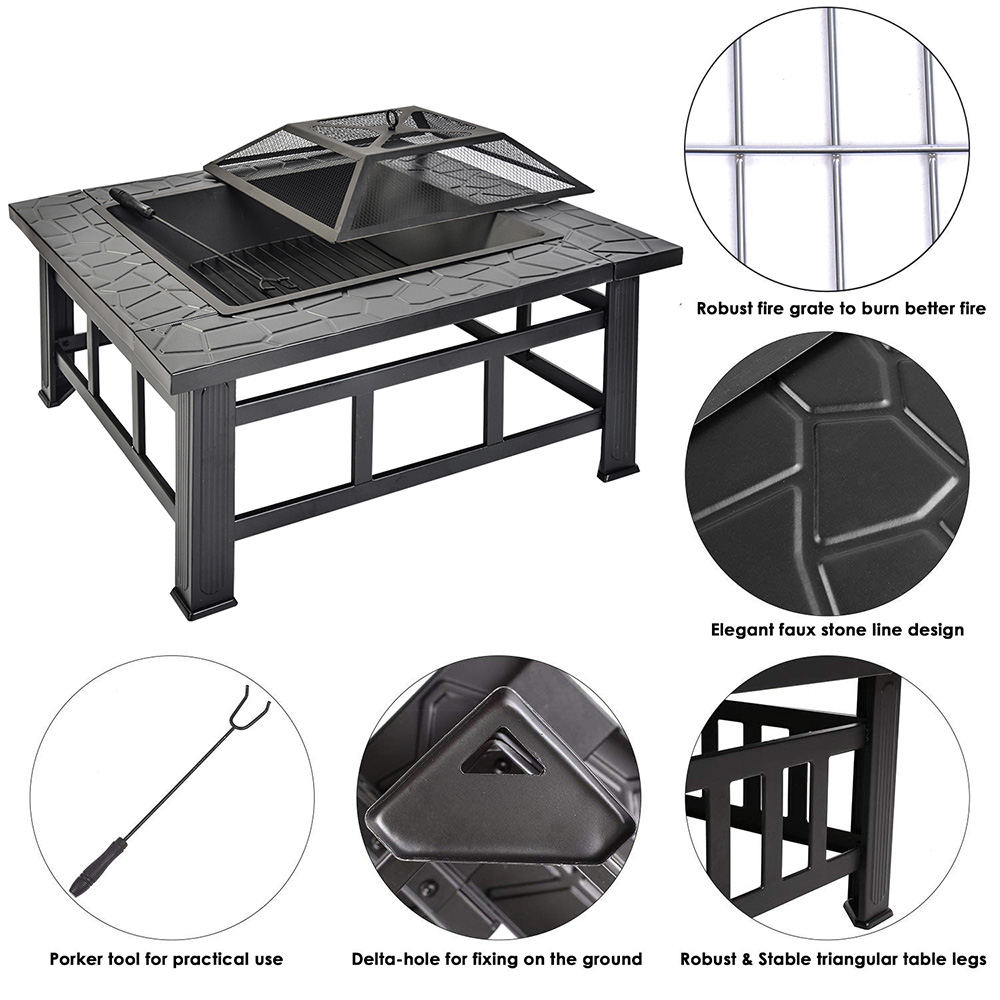 Merax BBQ Fire Pit Quadrilateral Multifunctional With Spark Protection Garden Metal Fire Basket - Black