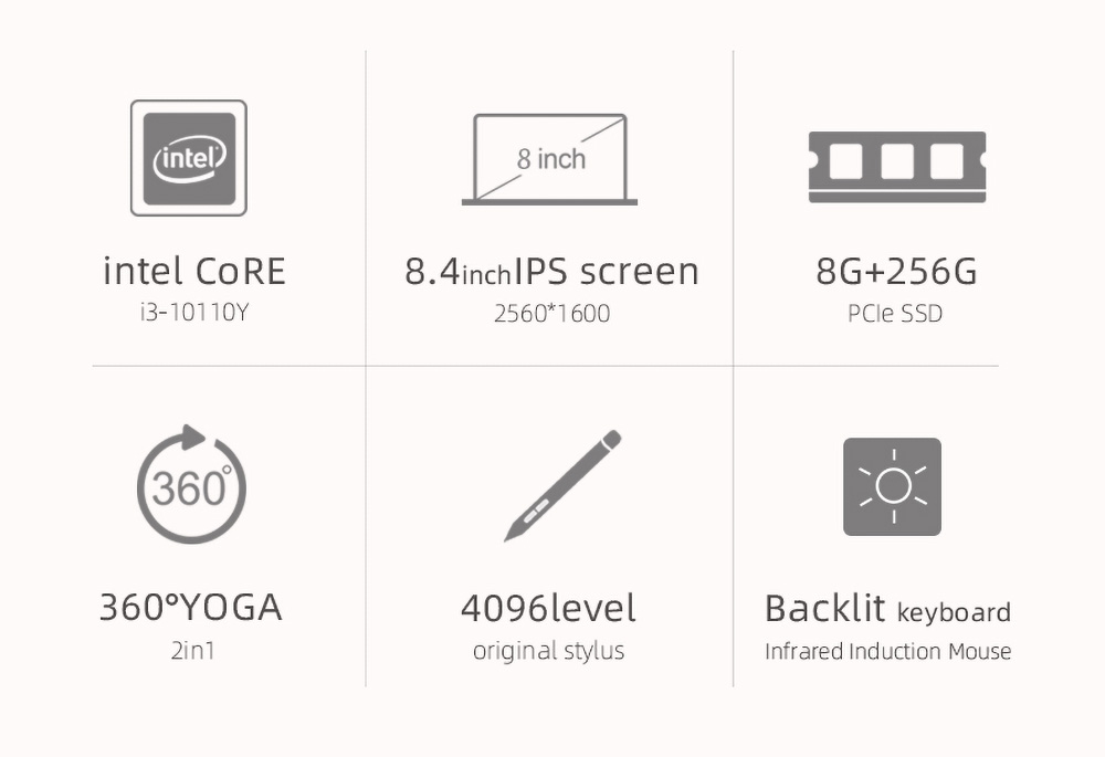 One Netbook One Mix 3S+ Yoga Pocket Laptop Intel Core i3-10110Y 8.4 Inch 2560*1600 IPS Screen Windows 10 8GB RAM 256 ROM - Black