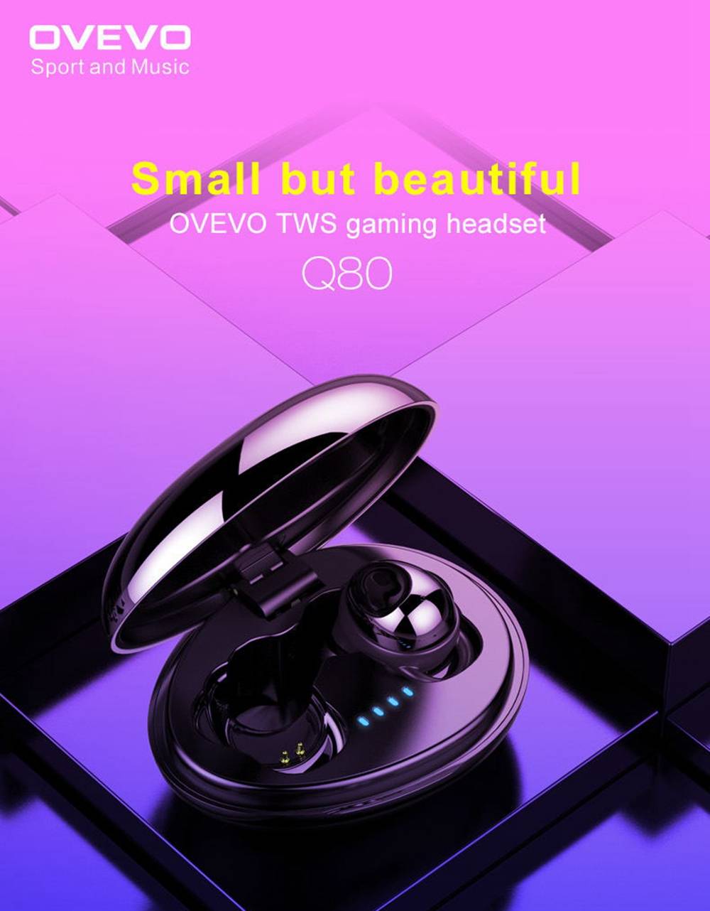 Ovevo Q80 Bluetooth 5.0 TWS Earphones Ultra-low latency IPX7 Binaural Call Independent Usage Type-C Charging - Black