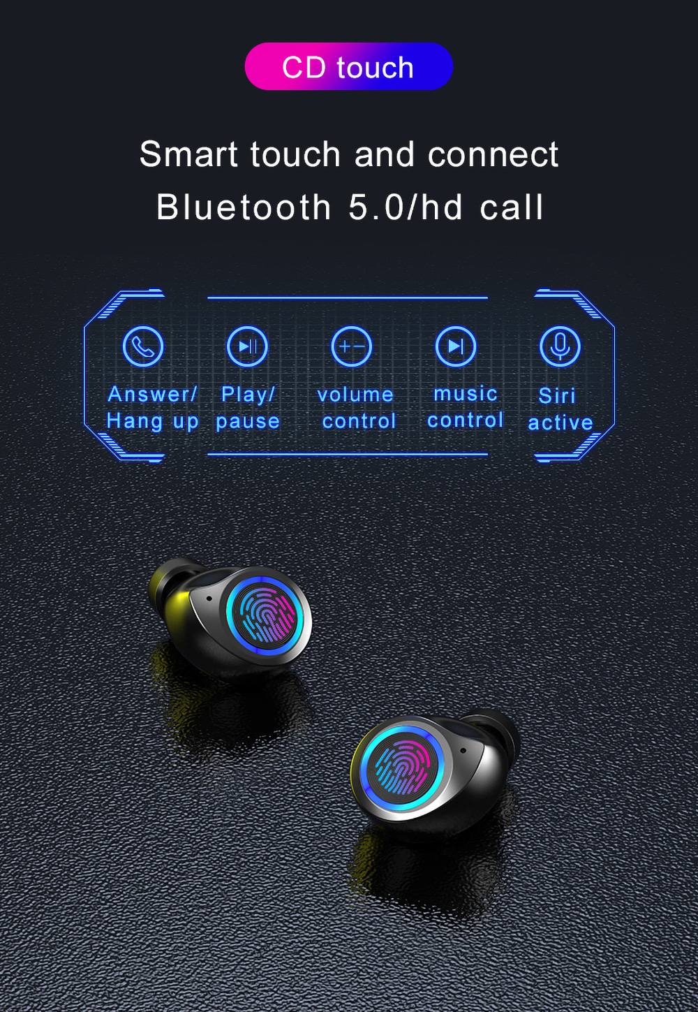 TW80 Bluetooth 5.0 True Wireless Earphones Siri LED Power Display 3.5 Hours Playtime - Black