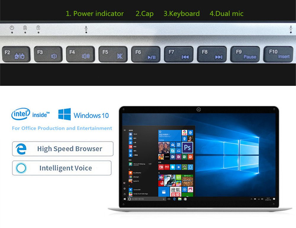 Binai G14 Plus Laptop Intel Atom x5-E8000 14.1 Inch 1366 x 768 Windows 10 4GB RAM 64GB eMMC 256GB SSD - Silver