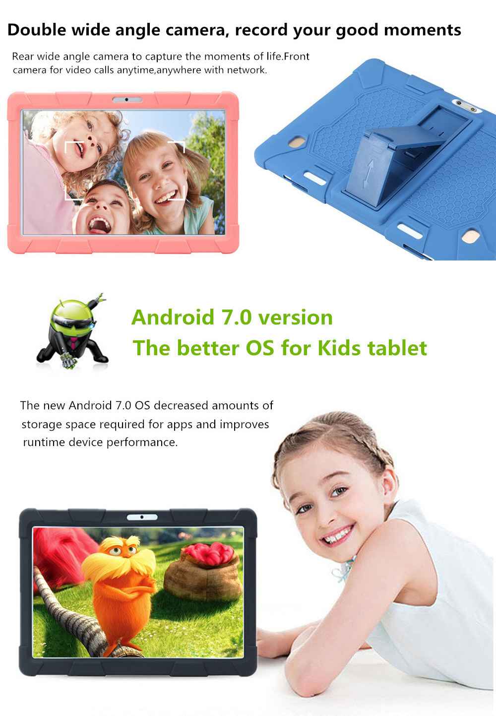 Binai Mini101s KidsTablet PC MT6580 10.1 Inch 1280*800 Screen Android 7.0 2GB RAM 32GB eMMC - Pink