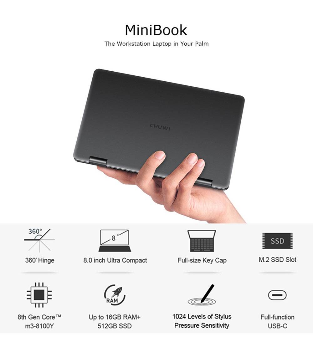Chuwi Minibook Intel Core M3-8100Y 8 Inch 1920*1200 Screen Backlit Keybaord Windows 10 8GB RAM 256GB SSD - Black