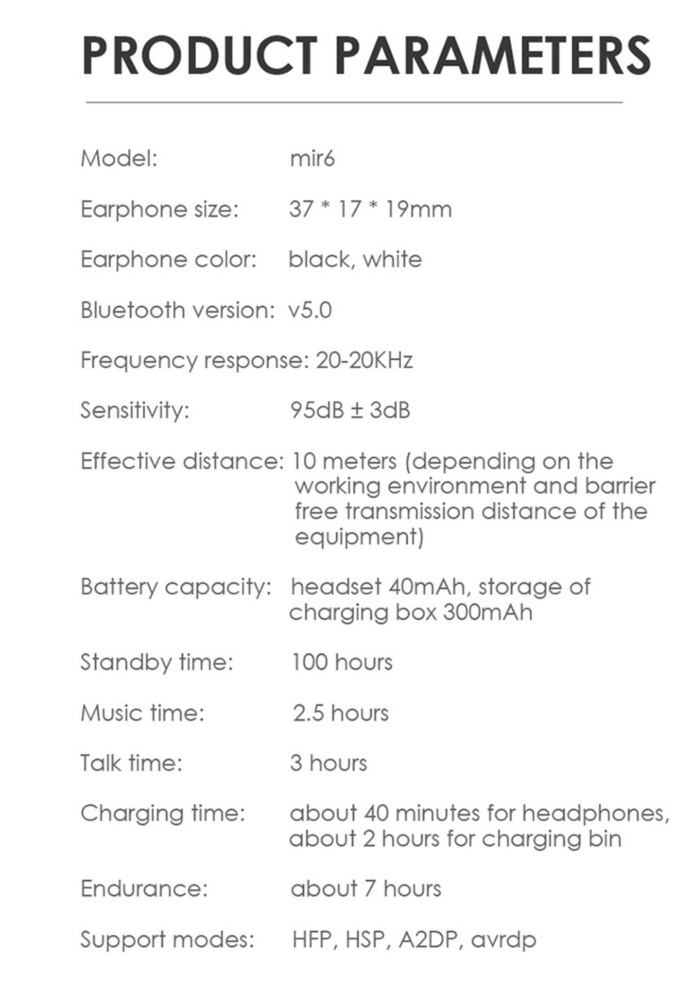 Mir6 True Wireless Bluetooth 5.0 Earphones Binaural Call IPX4 HIFI Stereo 2 Hours Playtime - White