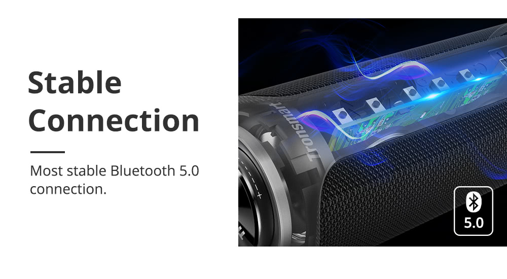 Tronsmart T6 Plus Upgraded Edition Bluetooth 5.0 40W Speaker NFC Connection 15 Hours Playtime IPX6 USB Charge Out - Black