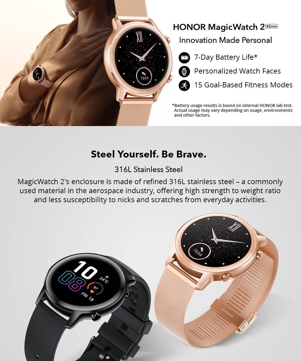 HUAWEI Honor MagicWatch 2 42mm Smart Watch 1.2 Inch Fitness Activity Tracker with Heart Rate and Stress Monitor 7 Days Standby 5ATM Water Resistant Global Version - Agate Black