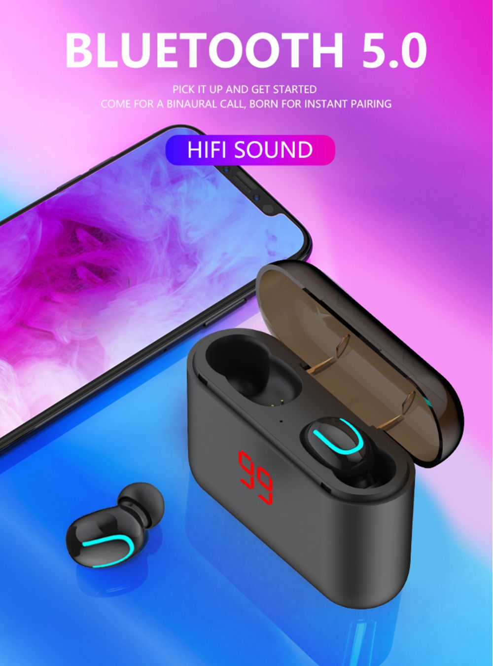 Q32 Bluetooth 5.0 True Wireless Earphones HD Binaural Call Used Independently with 1500mAh Charging Case 120 Hours Standby Time IPX5 - Black