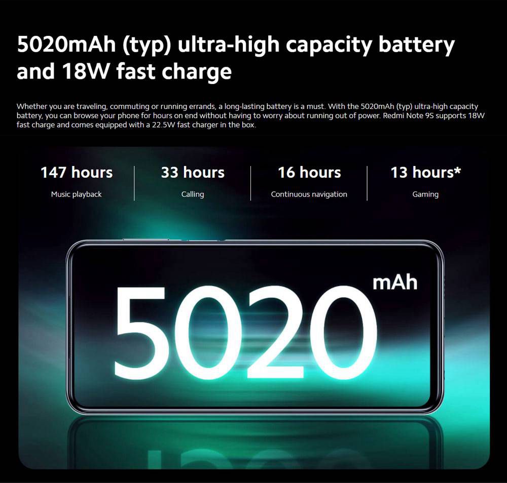 Xiaomi Redmi Note 9S 6.67 Inch 4G LTE Smartphone Qualcomm Snapdragon 720G 6GB RAM 128GB ROM Quad Rear Cameras Android 10.0 Dual SIM Dual Standby Global Version - Aurora Blue