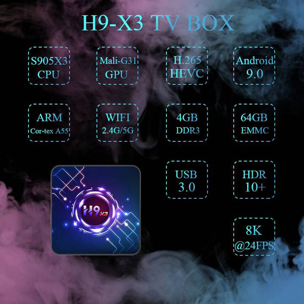 H9-X3 Amlogic S905x3 2GB/32GB Android 9.0 8K Video Decoding TV Box with Mobile Control Youtube Netflix Google Play 2.4G+5.8G WiFi Bluetooth LAN USB3.0 HDMI 2.1 - Black