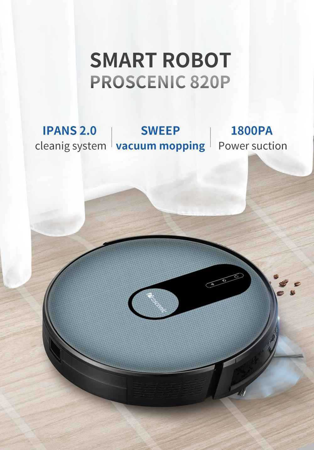 Proscenic 820P Robot Vacuum Cleaner 1800Pa Strong Suction Alexa and APP Control with Wet Cleaning Function - Black