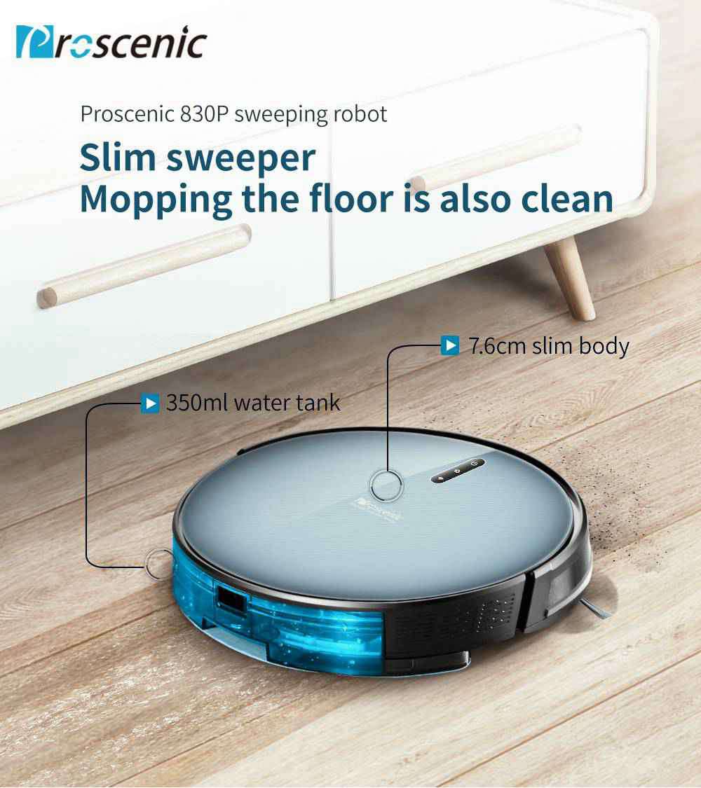 Proscenic 830P Robot Vacuum Cleaner 2000Pa Strong Suction Alexa Voice and APP Control Auto Pressure Boost with Wet Cleaning Scheduled - Black