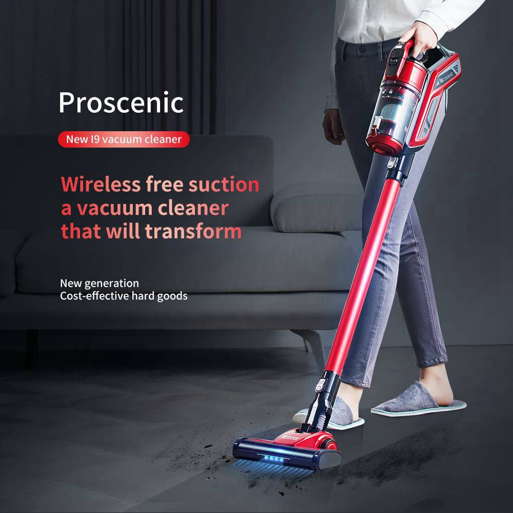 Proscenic I9 Cordless Vacuum Cleaner with LED Headlight 22KPa Powerful Suction 45 Minutes Running Time with Detachable Battery - Red