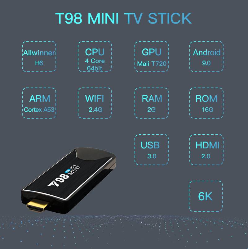 T98 Mini Allwinner H6 2GB/16GB Android 9.0 6K HDR TV BOX with Youtube Google Play Netflix WiFi LAN Bluetooth USB3.0 - Black