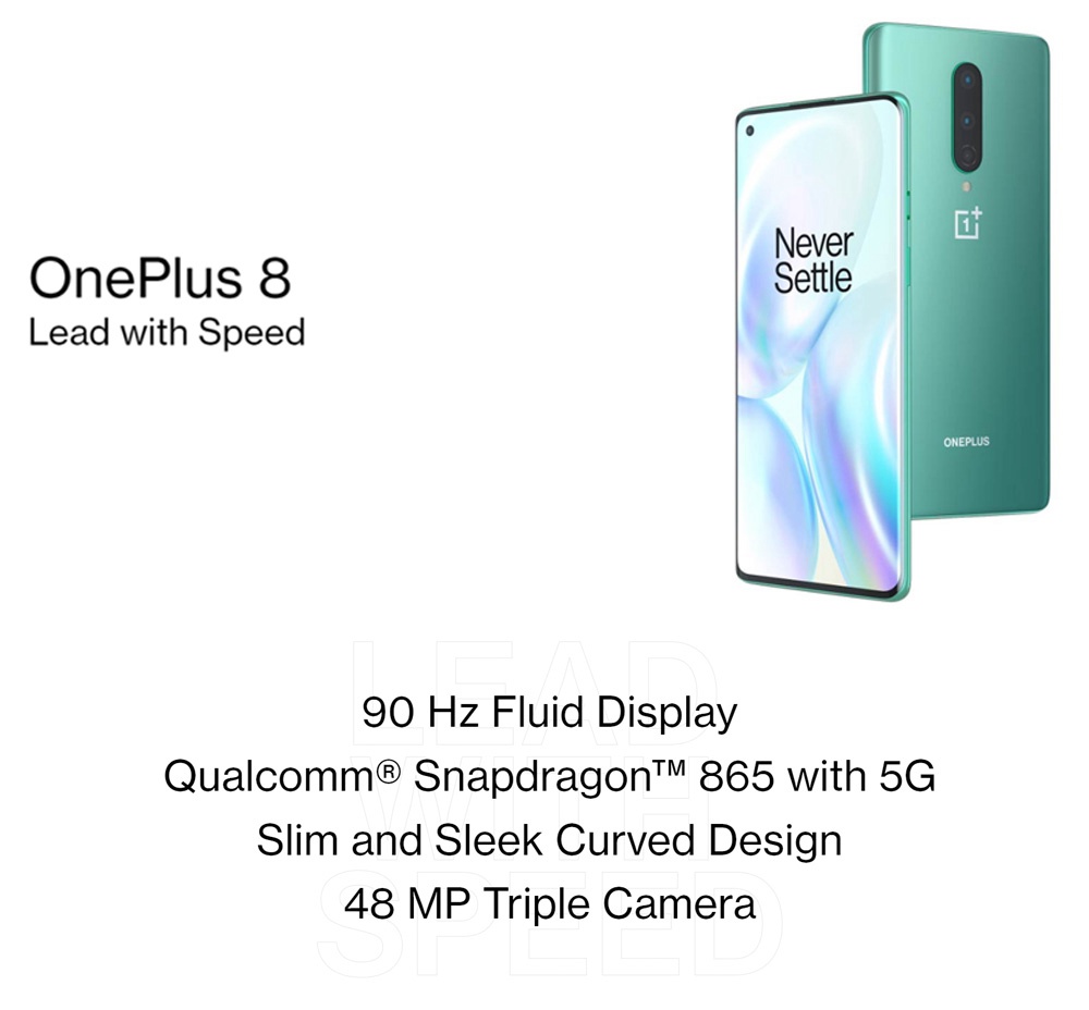 OnePlus 8 6.55 Inch Screen 5G Smartphone Qualcomm Snapdragon 865 Octa Core 8GB RAM 128GB ROM Android 10.0 Dual SIM Dual Standby Global ROM - Glacial Green