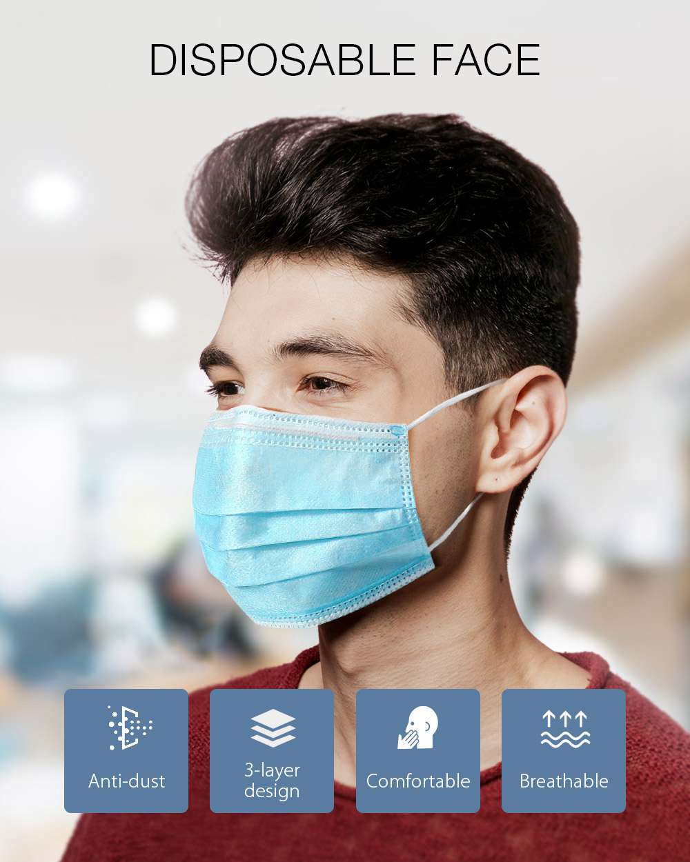 20PCS Disposable Protective Mask 3 layers Protective BFE 95% Filtration With CE Certified -Blue (No Medical)