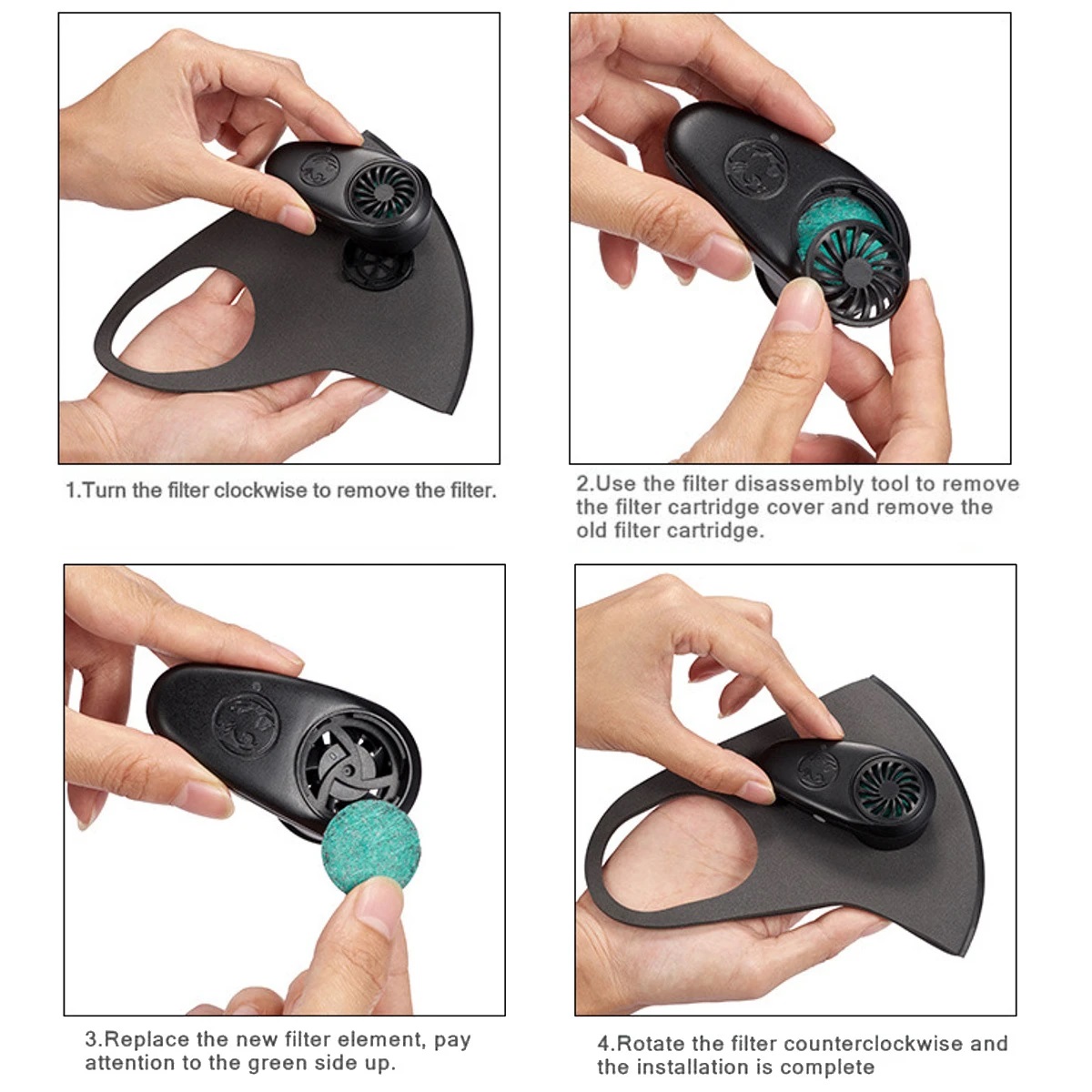 3Pcs Reusable Smart Electric Face Mask Automatic Air-Purifying For PM2.5 Anti Haze Exhaust Gas Pollen Dust - Black