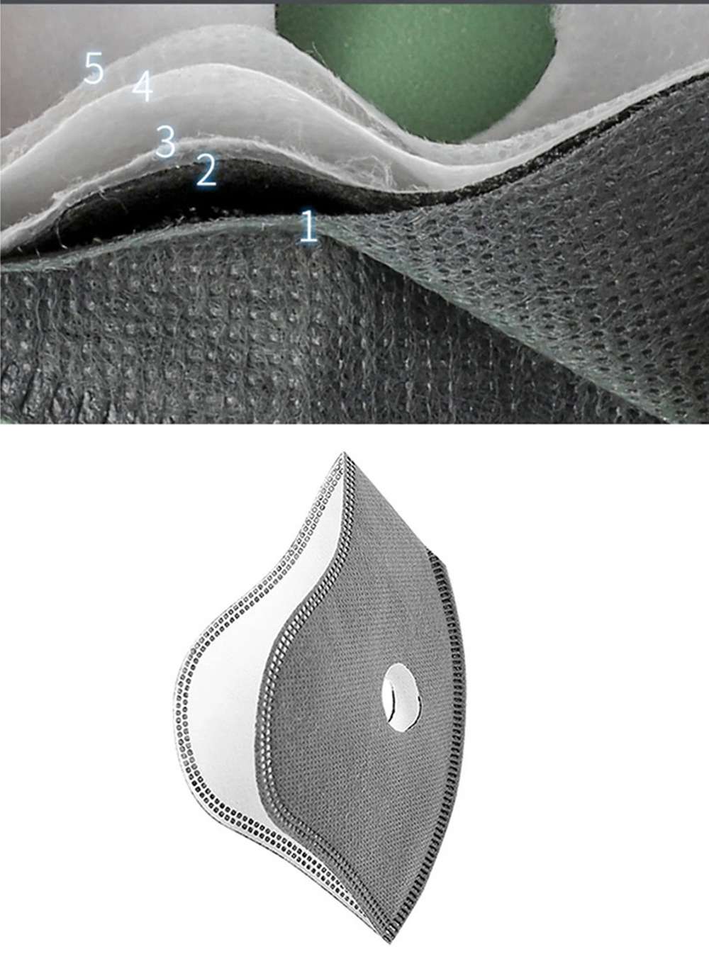 50PCS Cycling Mask 5-layer Filter Chip Replacement Activated Carbon Dustproof Anti-fog For Bicycle Outdoor - Gray
