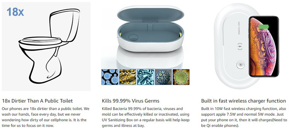 Portable Multifunction Sterilizer Box UV Light + Ozone Dual Sterilizing With 10W Qi Fast Wireless Charging Smartphone Sterilization Rate Above 99.99% for Mask Toothbrush Phone Glasses Jewelry- White