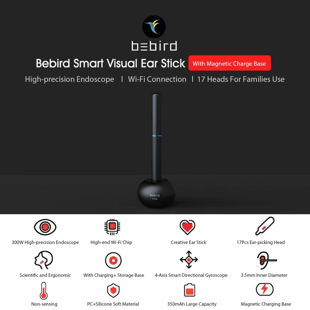 Xiaomi Mijia Bebird M9 Pro Smart Visual Ear Stick 17in1 300w High Precision Endoscope 350mAh with Magnetically Charged Base Ear Picker Tool Set