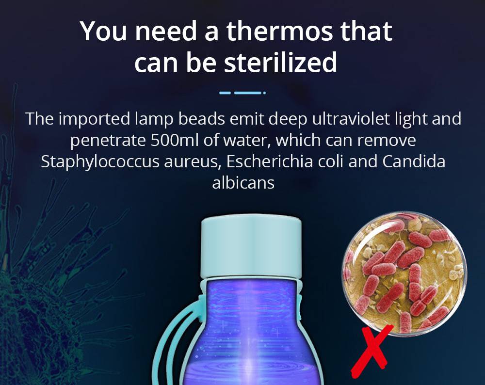 550ml Deep UV Sterilizing Thermos Purified Drinking Water Sterilization Rate 99.9% USB Charging Home Office - Pink