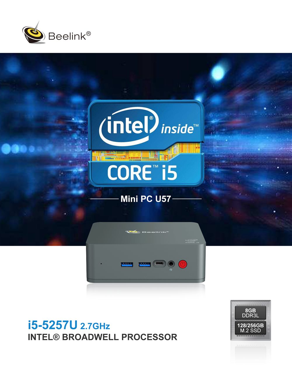Beelink U57 Intel Core i5-5257U 8GB RAM/128GB SSD Licensed Windows 10 Mini PC 2.4G+5G WIFI Bluetooth 1000Mbps LAN 2xHDMI