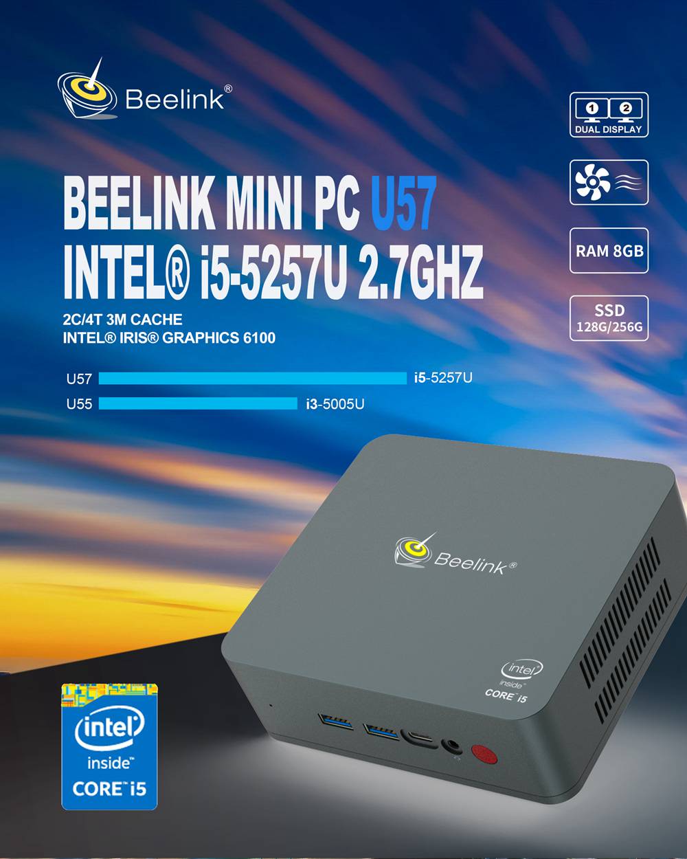 Beelink U57 Intel Core i5-5257U 8GB RAM/256GB SSD Licensed Windows 10 Mini PC 2.4G+5G WIFI Bluetooth 1000Mbps LAN 2xHDMI